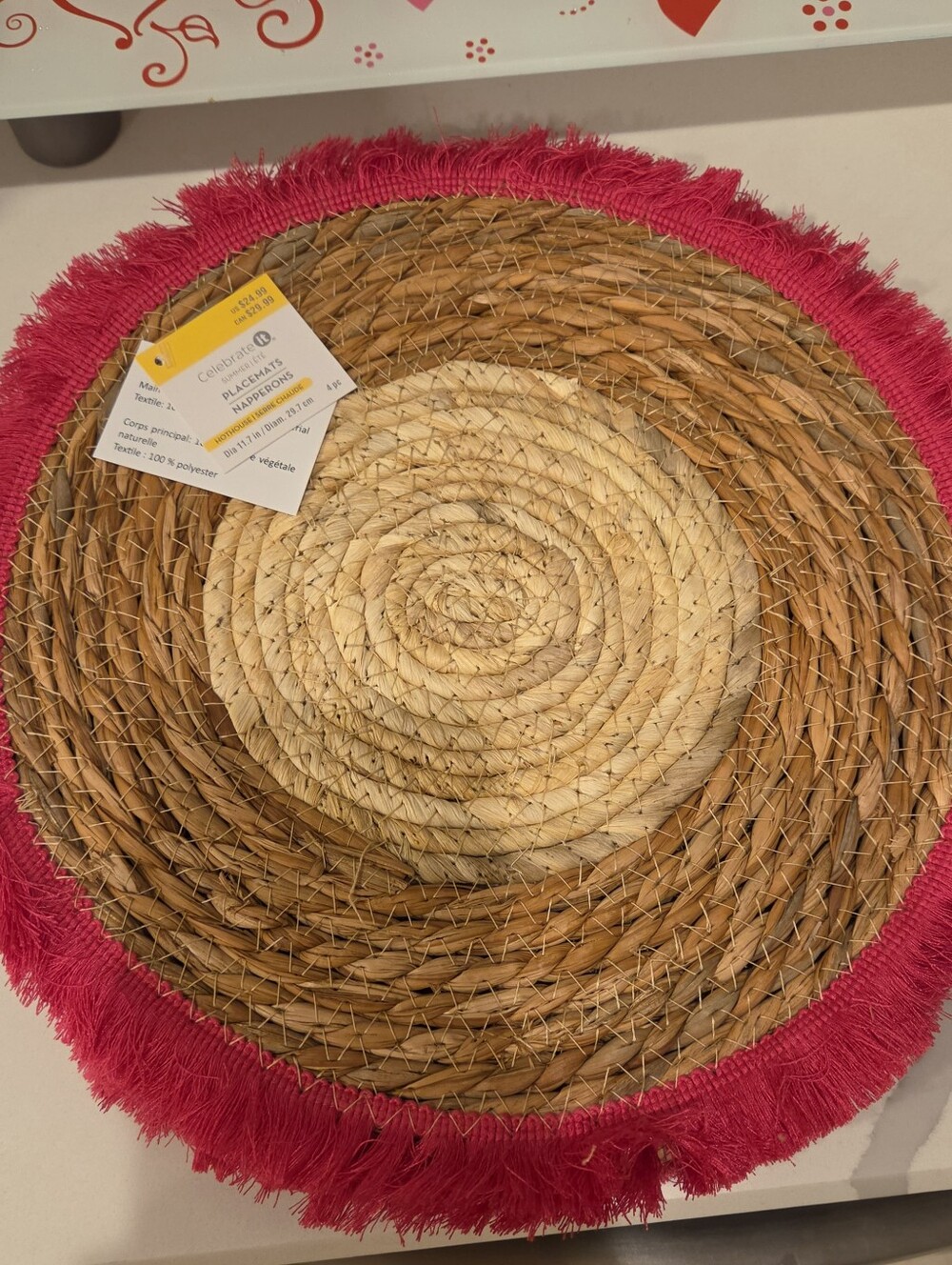 Celebrate It Natural Straw Placemat with Hot Pink Fringe